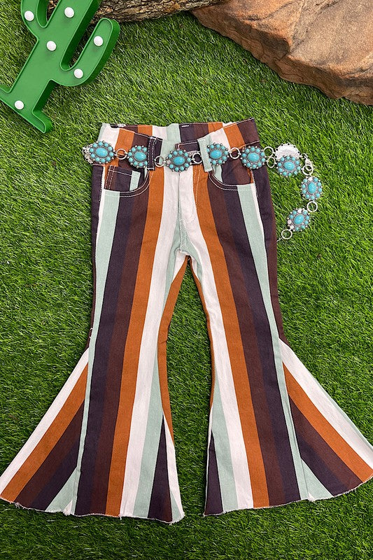 BROWN & WHITE & TURQUOISE DENIM BELL PANTS