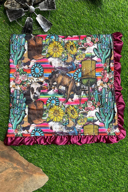 CONCHO, BOOTS, FLOWERS & CACTUS/ MULTI PRINTED BABY BLANKET WITH MAGENTA RUFFLE TRIM