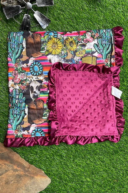 CONCHO, BOOTS, FLOWERS & CACTUS/ MULTI PRINTED BABY BLANKET WITH MAGENTA RUFFLE TRIM