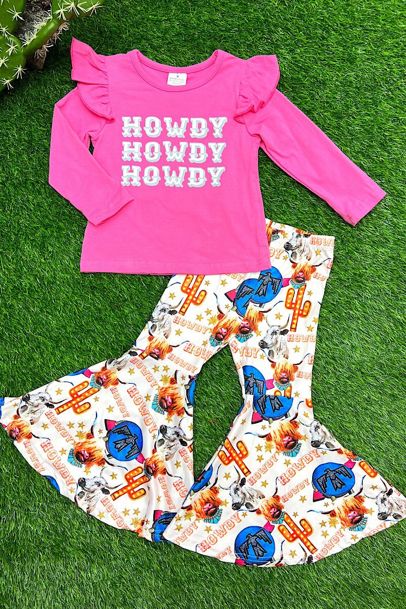 HOWDY: PINK RUFFLE SLEEVE TOP WITH SCOTTISH COW BELL BOTTOMS