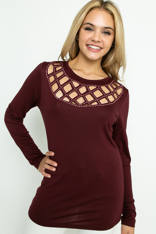 LASER CUT RHINESTONE LONG SLEEVE TOP
