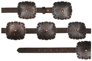 BROWN FLORAL EMBOSSED SQUARE CROSS CONCHO BELT