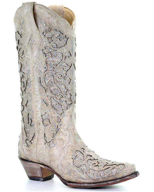 CORRAL LADIES WHITE GLITTER INLAY BOOT