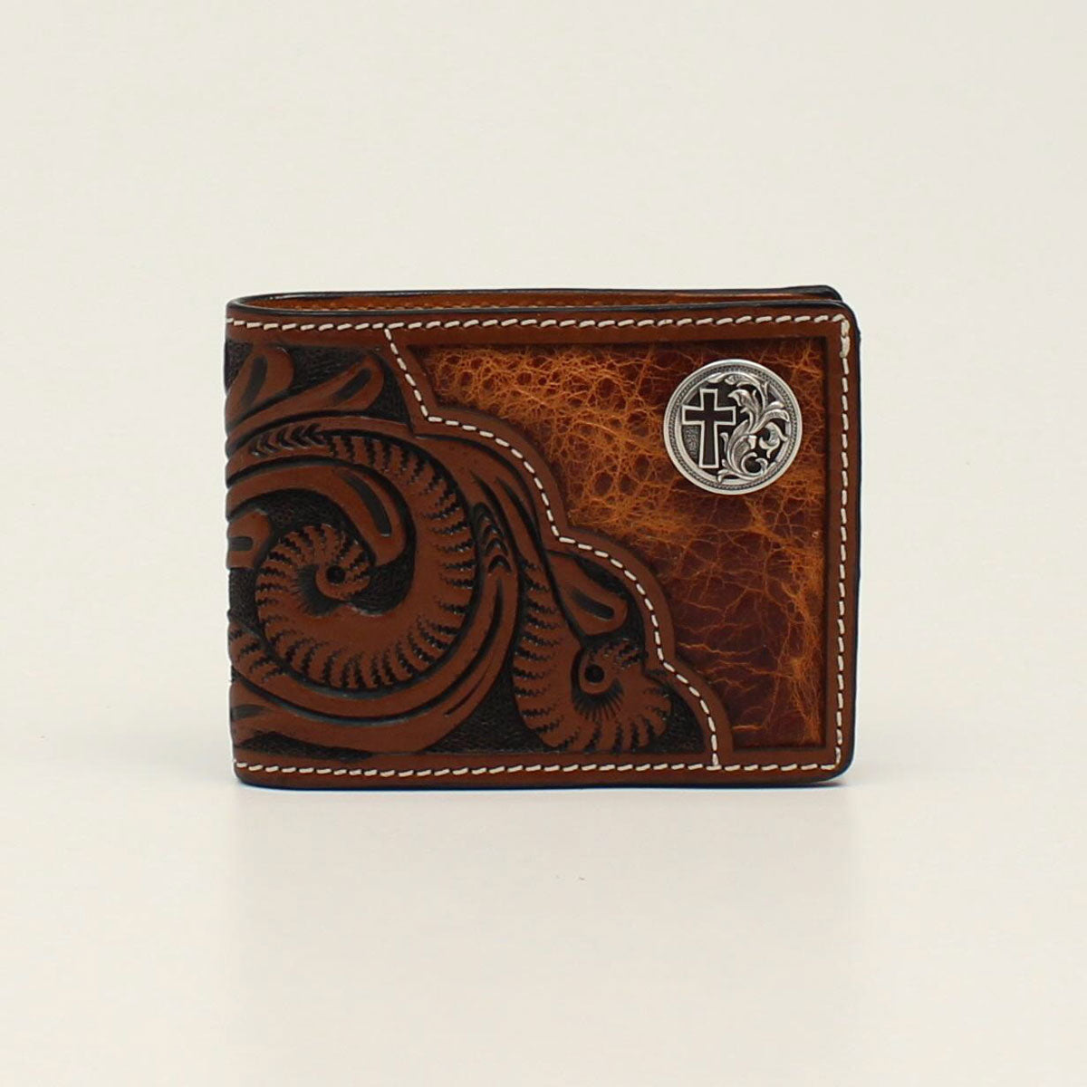 Tooled Floral Cross Concho Trifold Wallet