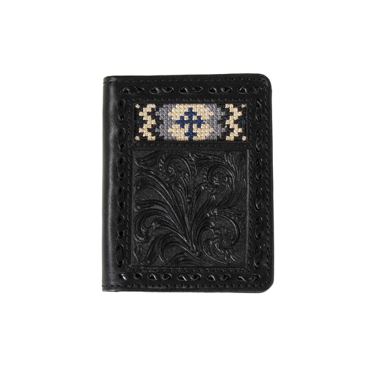 3D BIFOLD WALLET FLORAL LEATHER CROSS EMBROIDERED BLACK