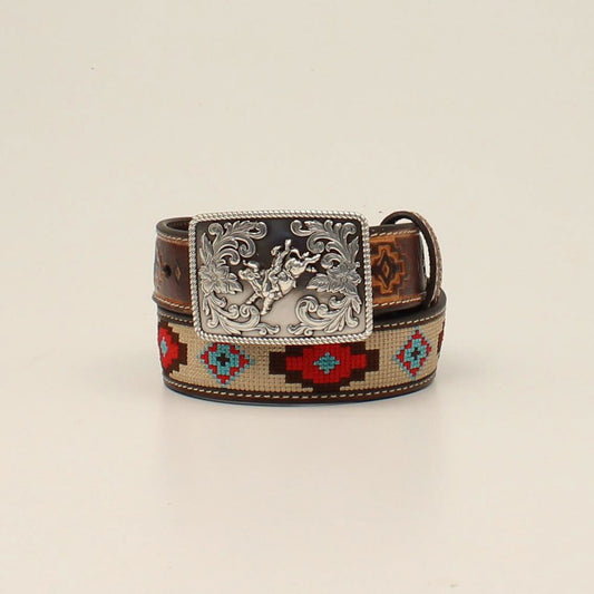 AZTEC STITCHING TAN BULL RIDER BUCKLE BELT