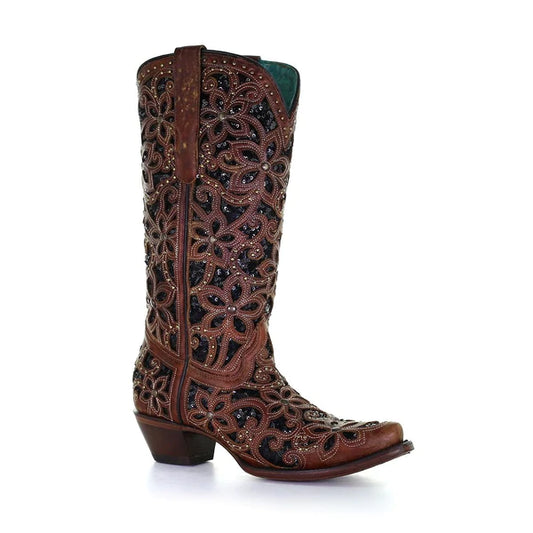 Corral Tan & Black Inlay, Embroidery & Stud Leather Boots