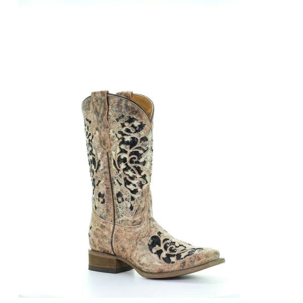 Corral Teens Tan & Black Glitter Inlay & Embroidery Boots