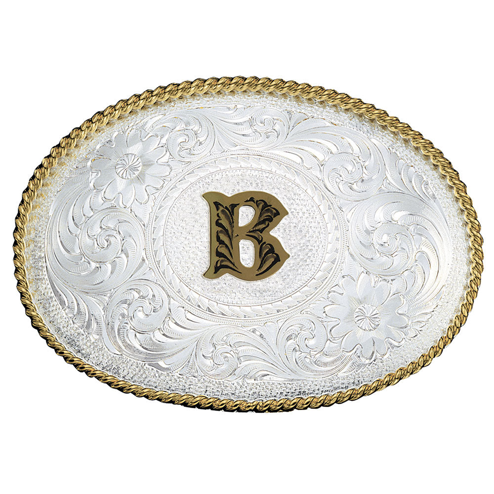 Montana Silversmiths Initial Silver Engraved Gold Trim Belt Buckle
