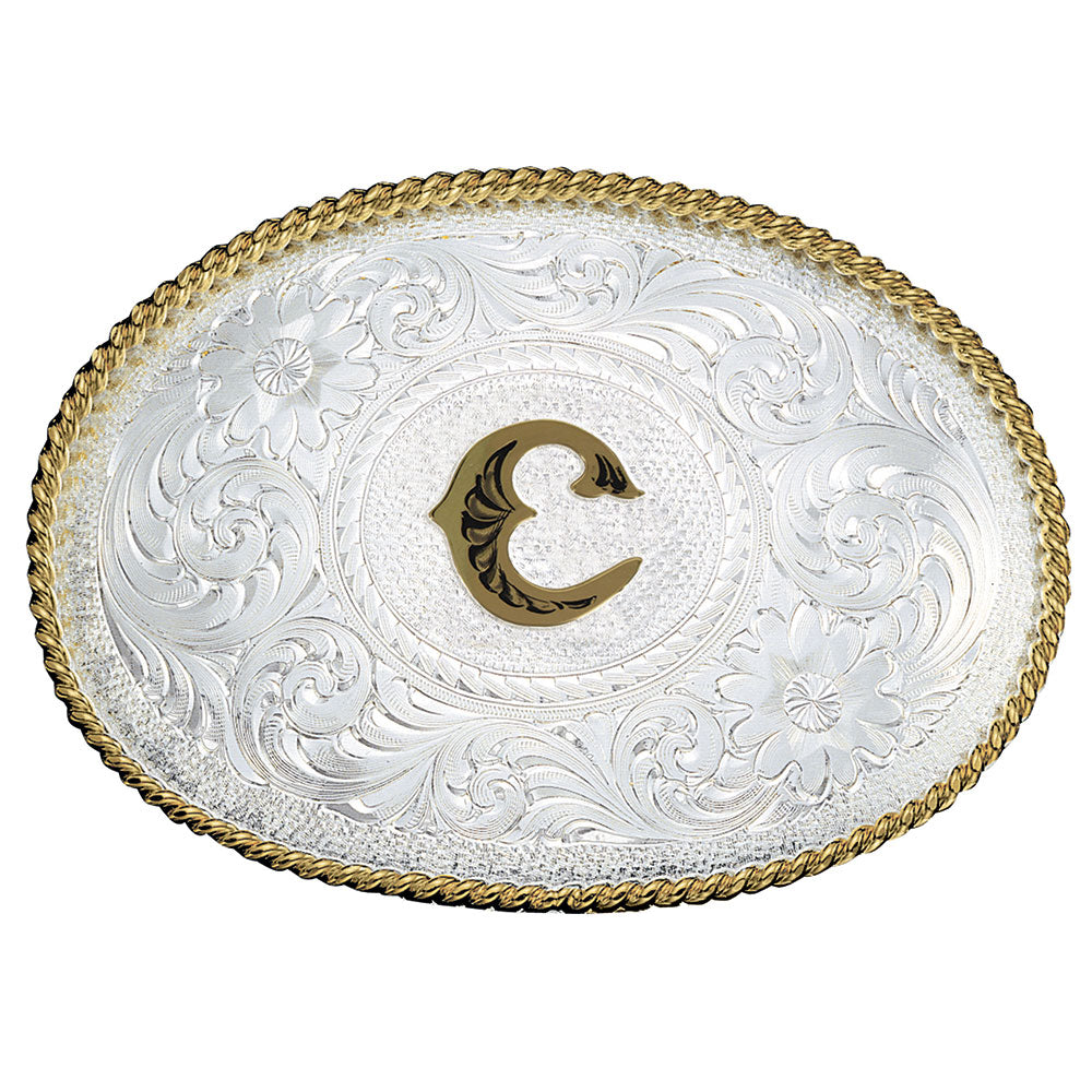 Montana Silversmiths Initial Silver Engraved Gold Trim Belt Buckle