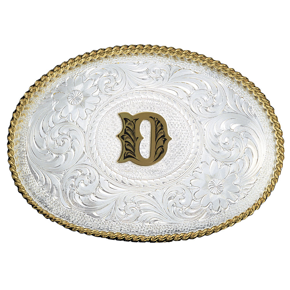Montana Silversmiths Initial Silver Engraved Gold Trim Belt Buckle