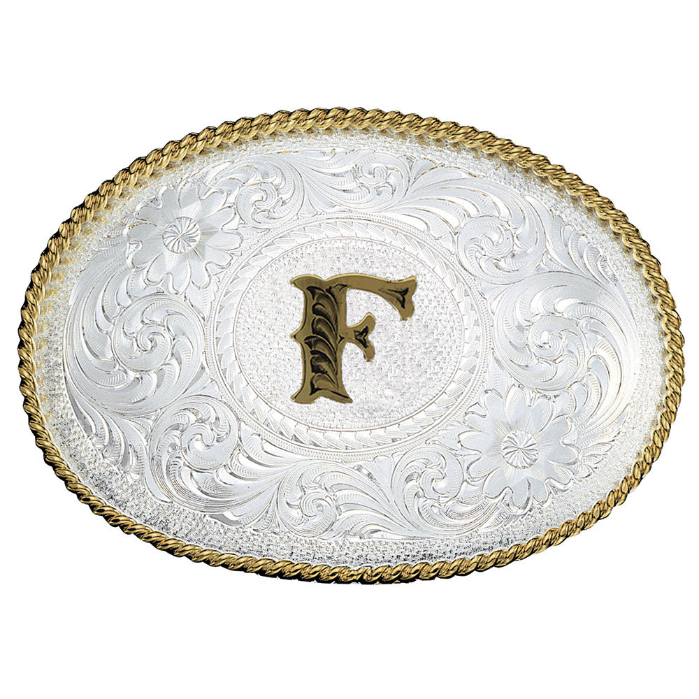 Montana Silversmiths Initial Silver Engraved Gold Trim Belt Buckle