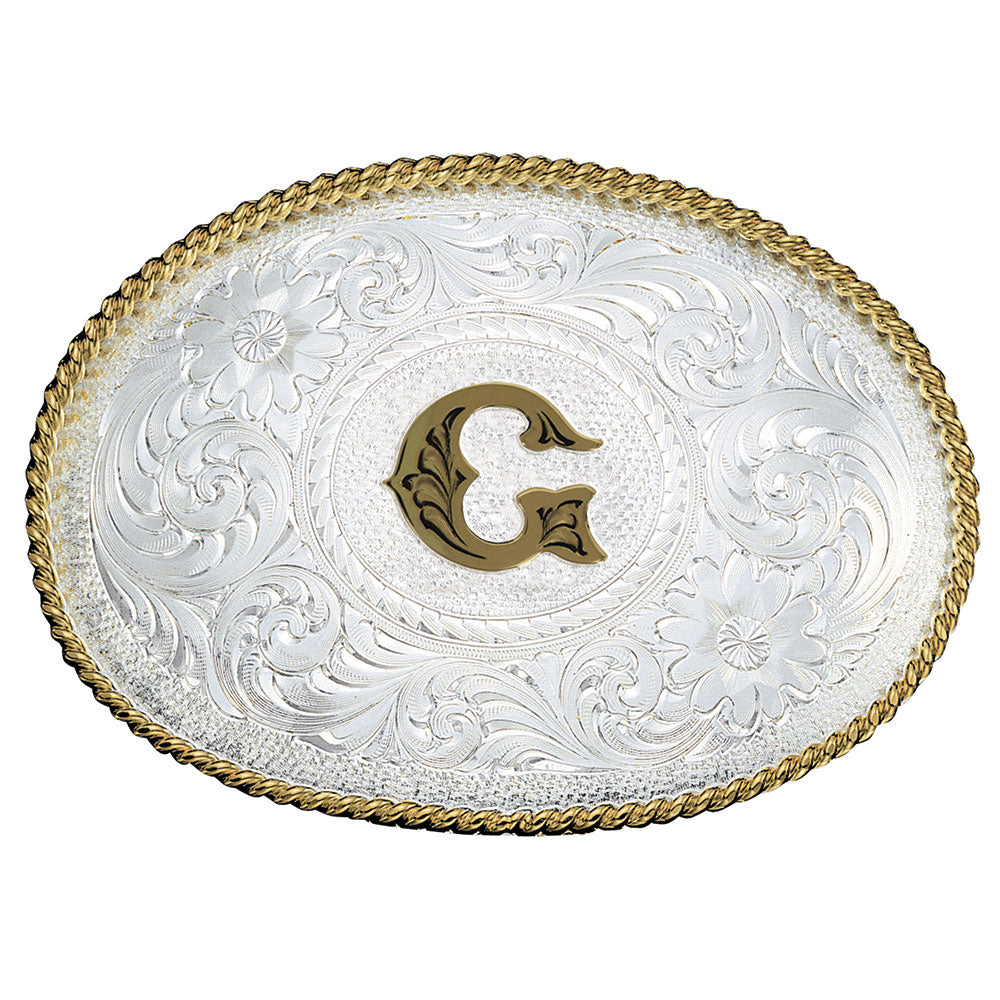Montana Silversmiths Initial Silver Engraved Gold Trim Belt Buckle
