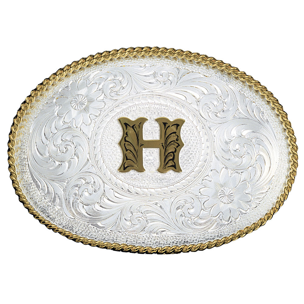 Montana Silversmiths Initial Silver Engraved Gold Trim Belt Buckle