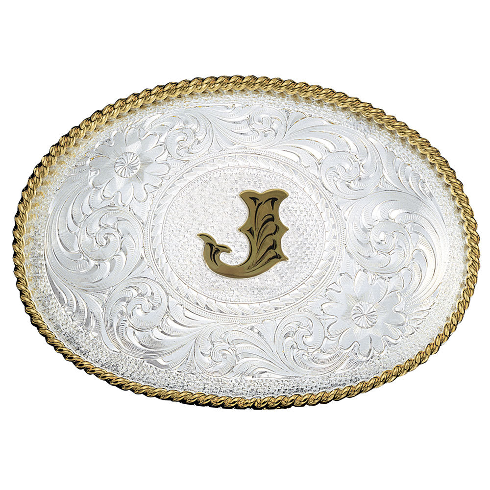 Montana Silversmiths Initial Silver Engraved Gold Trim Belt Buckle