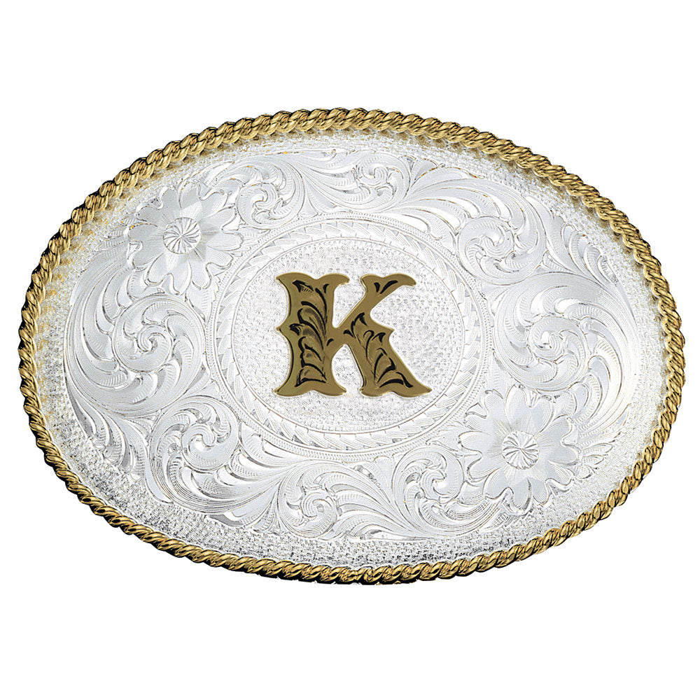 Montana Silversmiths Initial Silver Engraved Gold Trim Belt Buckle