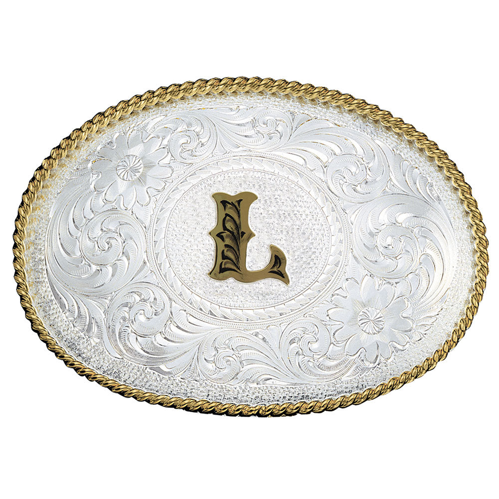 Montana Silversmiths Initial Silver Engraved Gold Trim Belt Buckle