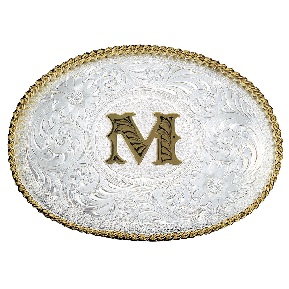 Montana Silversmiths Initial Silver Engraved Gold Trim Belt Buckle