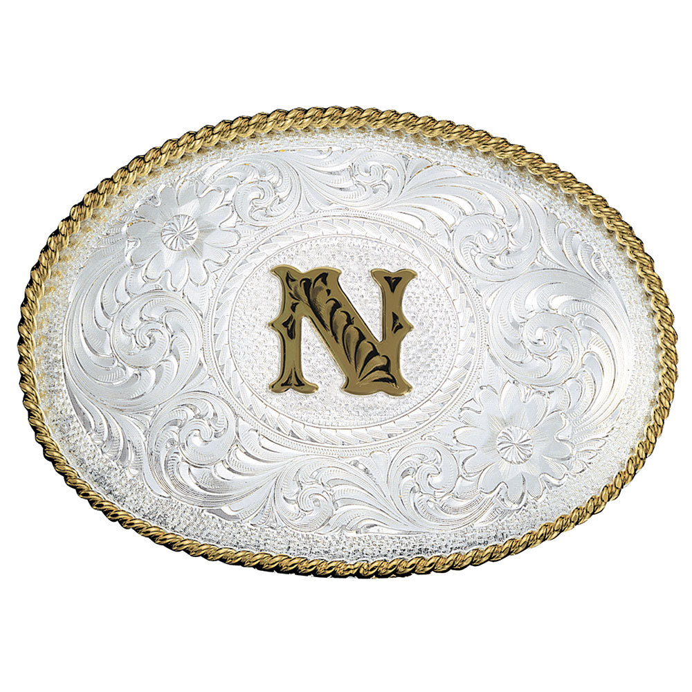 Montana Silversmiths Initial Silver Engraved Gold Trim Belt Buckle