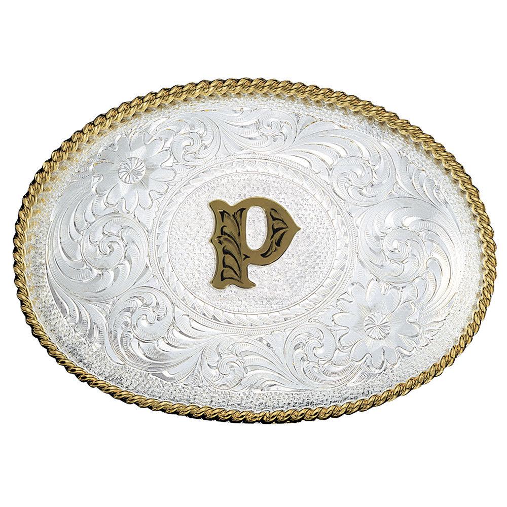Montana Silversmiths Initial Silver Engraved Gold Trim Belt Buckle