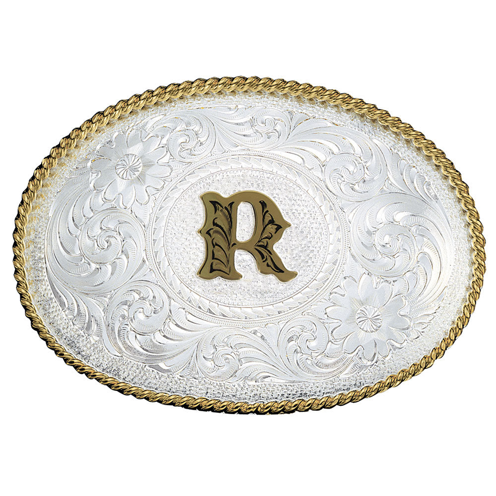 Montana Silversmiths Initial Silver Engraved Gold Trim Belt Buckle