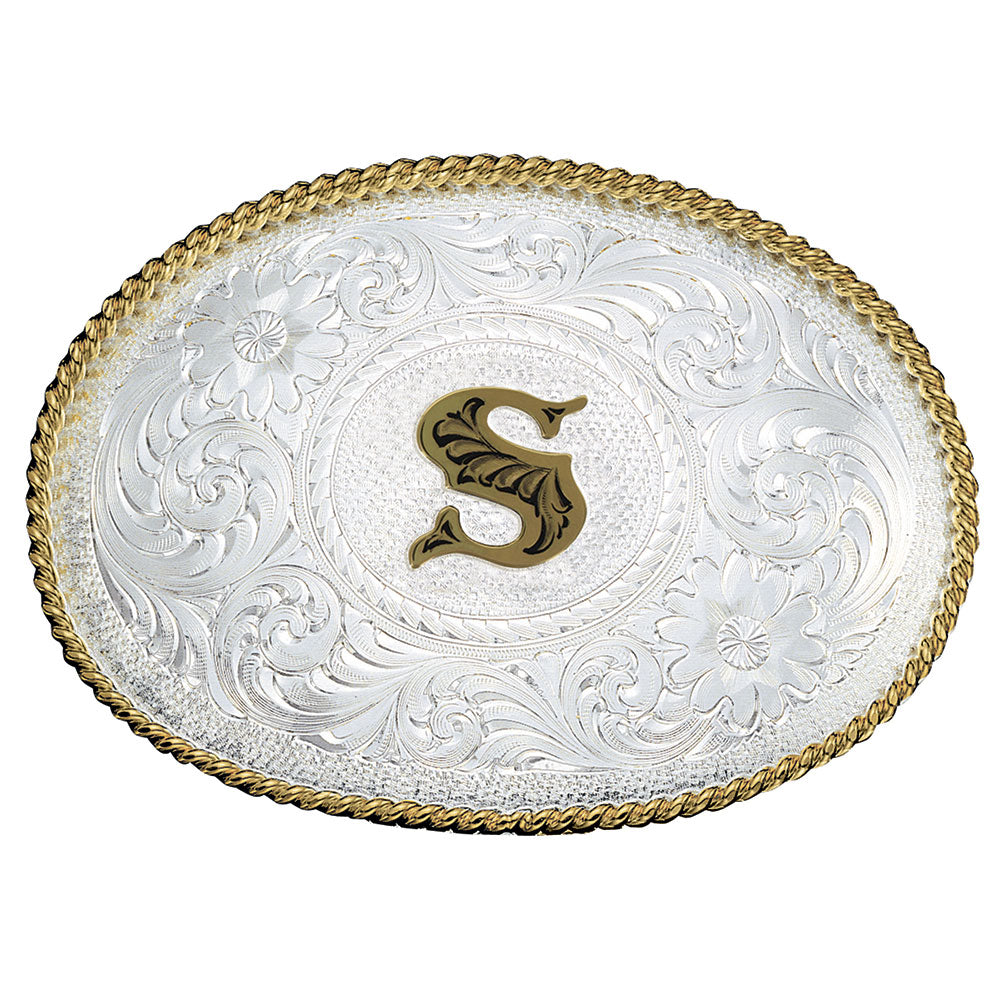 Montana Silversmiths Initial Silver Engraved Gold Trim Belt Buckle