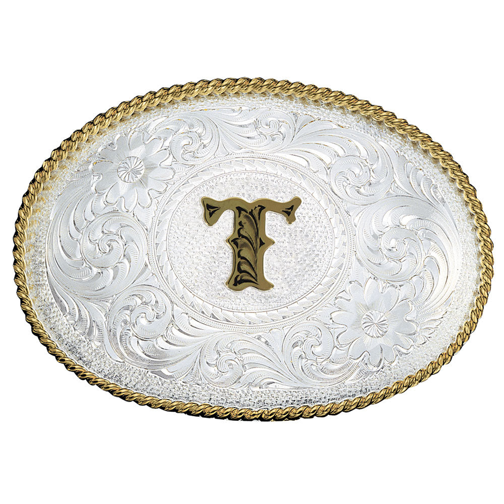 Montana Silversmiths Initial Silver Engraved Gold Trim Belt Buckle