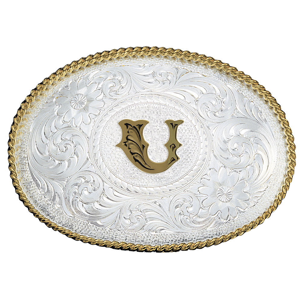 Montana Silversmiths Initial Silver Engraved Gold Trim Belt Buckle