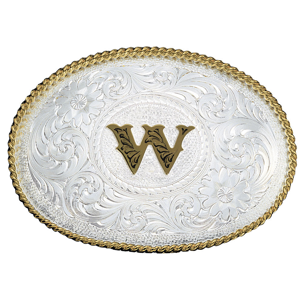 Montana Silversmiths Initial Silver Engraved Gold Trim Belt Buckle