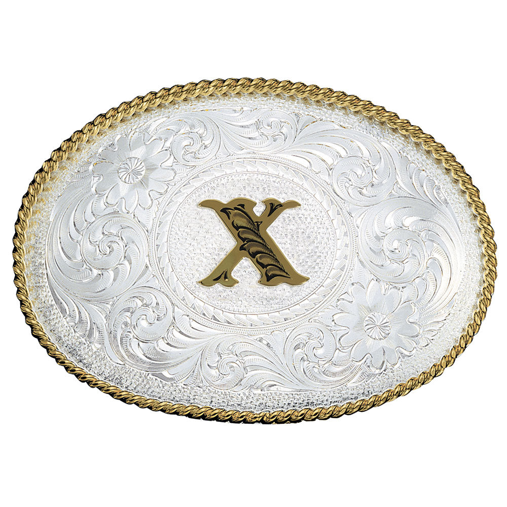 Montana Silversmiths Initial Silver Engraved Gold Trim Belt Buckle