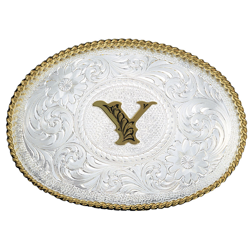 Montana Silversmiths Initial Silver Engraved Gold Trim Belt Buckle