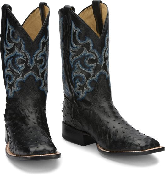 JUSTIN FULL QUILL OSTRICH BLACK SQUARE TOE COWBOY BOOT