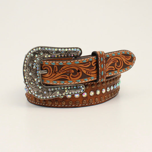 TOOLED FEATHER ARROW RHINESTONE BELT