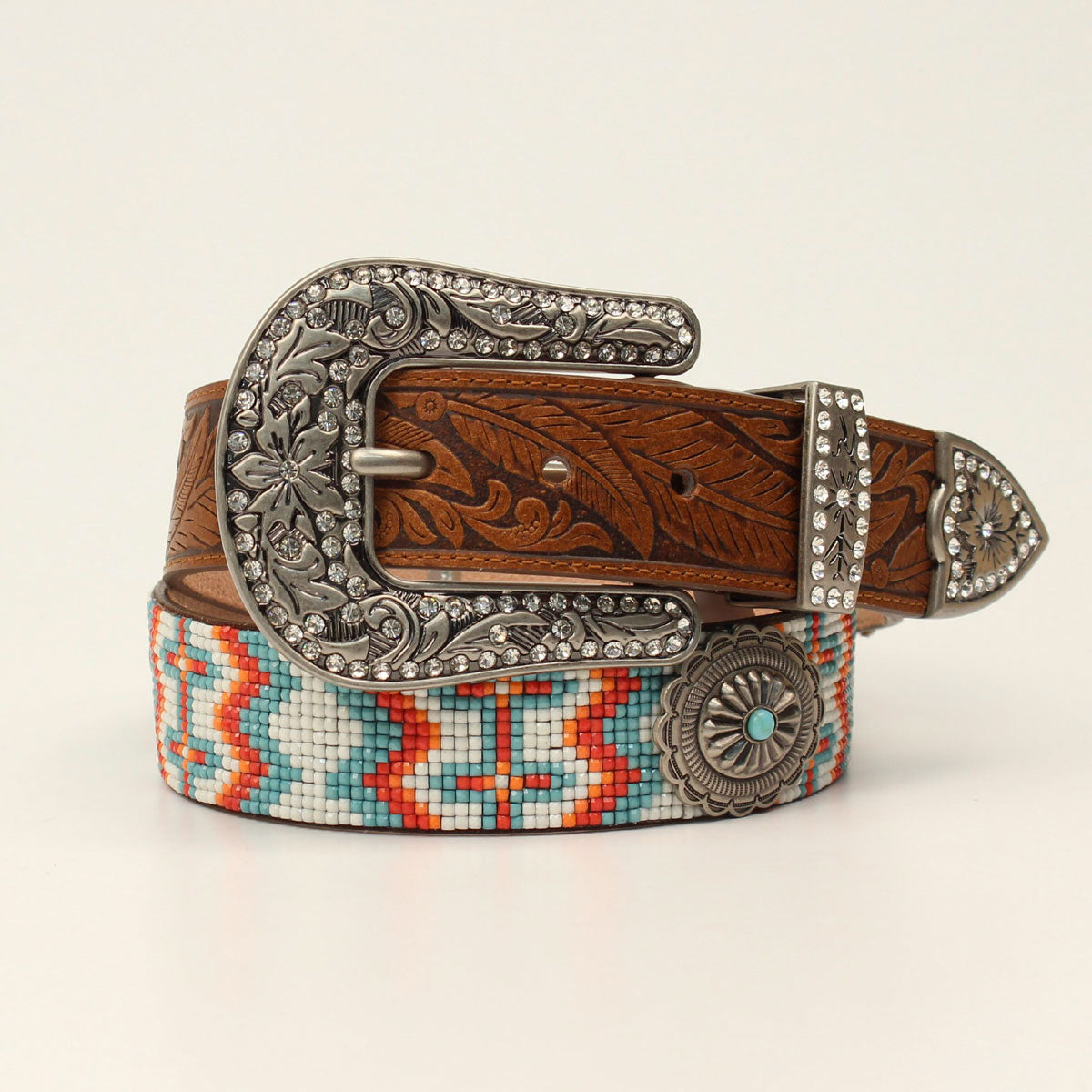 ANGEL RANCH LADIES BELT 1 1/2 TOOLED TABS BEADED OVERLAY ROUND CONCHOS MULTICOLORED