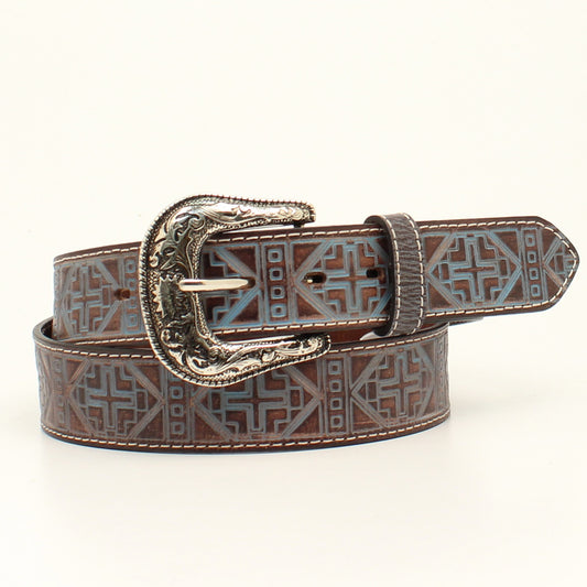 ARIAT LADIES BELT 1 1/2 TOOLED CROSS PATTERN BLUE