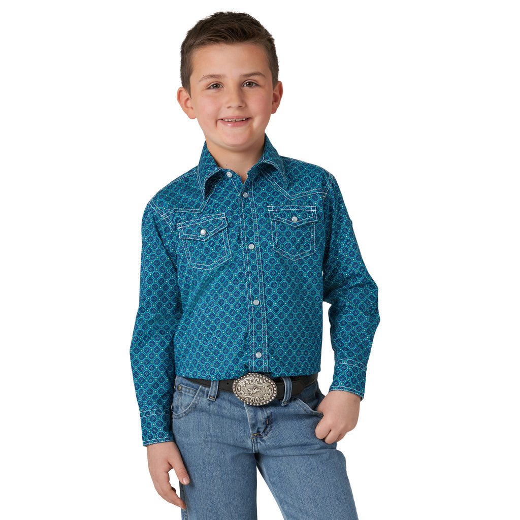 Wrangler Boys 20X® Blue Geo Print  Long Sleeve Shirt