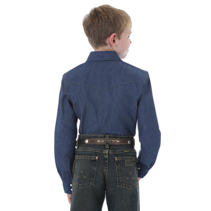 Wrangler Navy Denim Long Sleeve Solid Snap Shirt