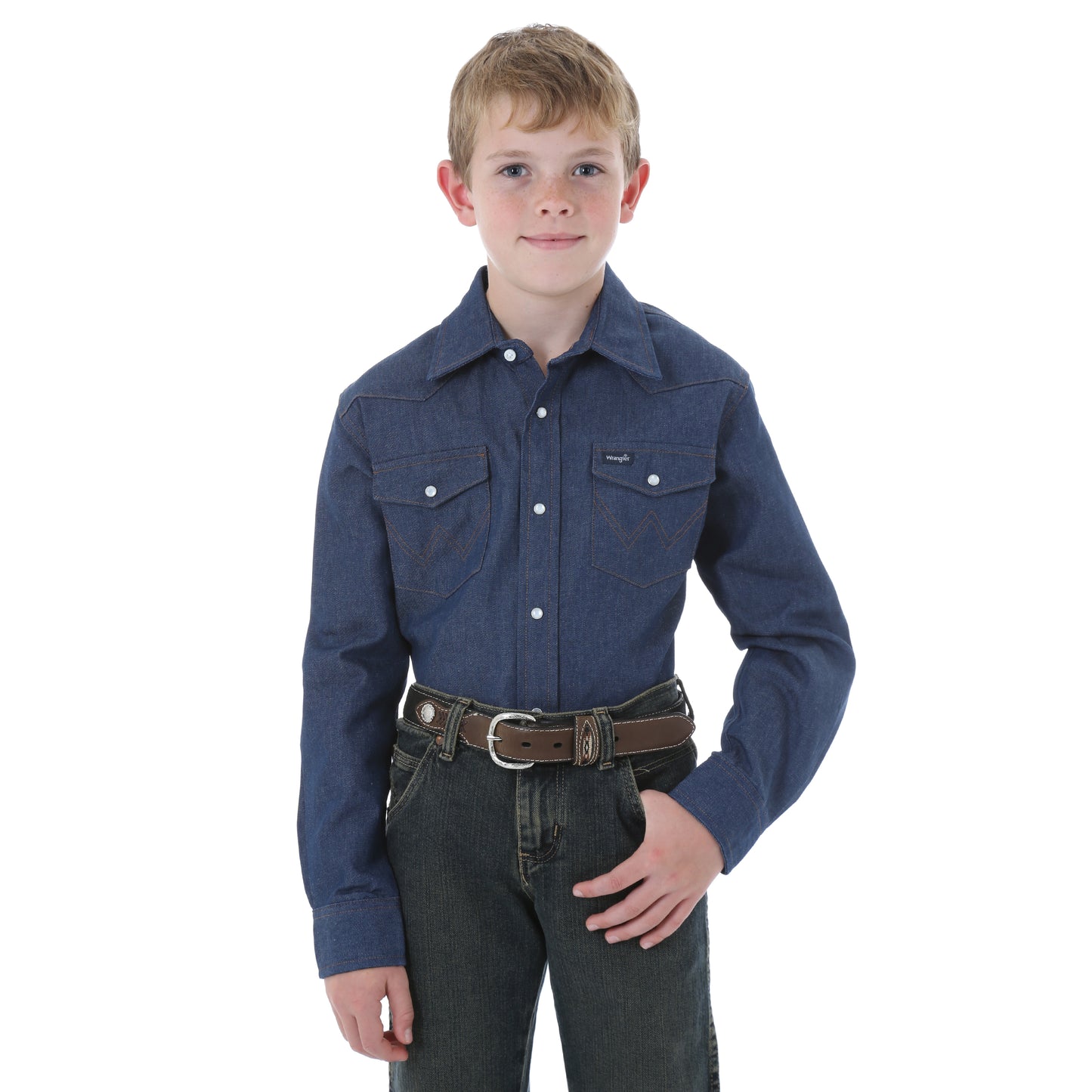 Wrangler Navy Denim Long Sleeve Solid Snap Shirt