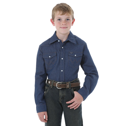 Wrangler Navy Denim Long Sleeve Solid Snap Shirt