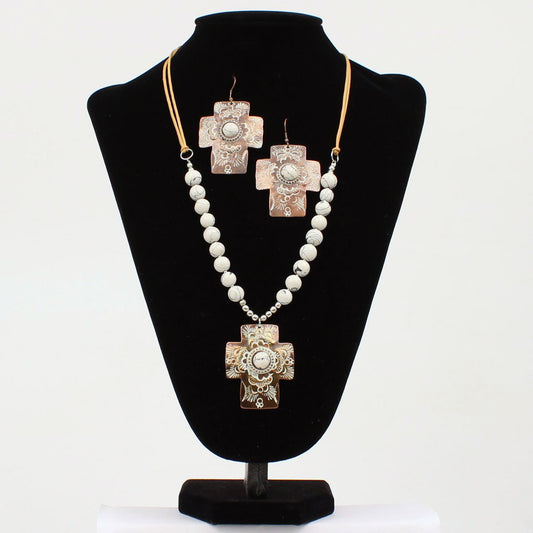WHITE ETCHED CROSS BEADED NECKLACE SET