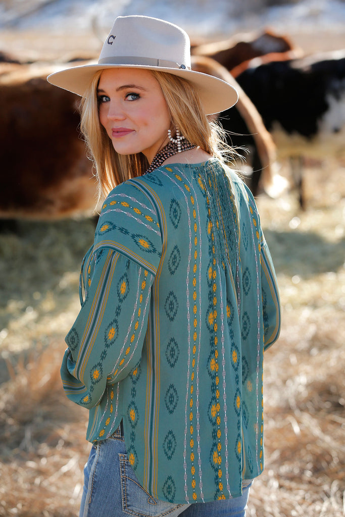 CRUEL GIRL GREEN AZTEC PRINT BLOUSE
