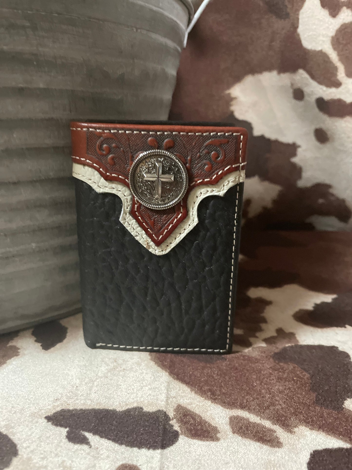 Black Pebbled Leather with Cross Concho Tri-Fold Wallet