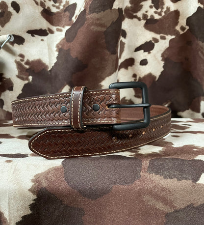 BROWN BRAIDED LEATHER BELT WITH BLACK BUCKLE