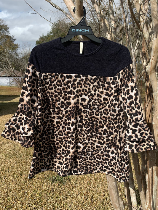 NAVY LEOPARD BELL SLEEVE TOP