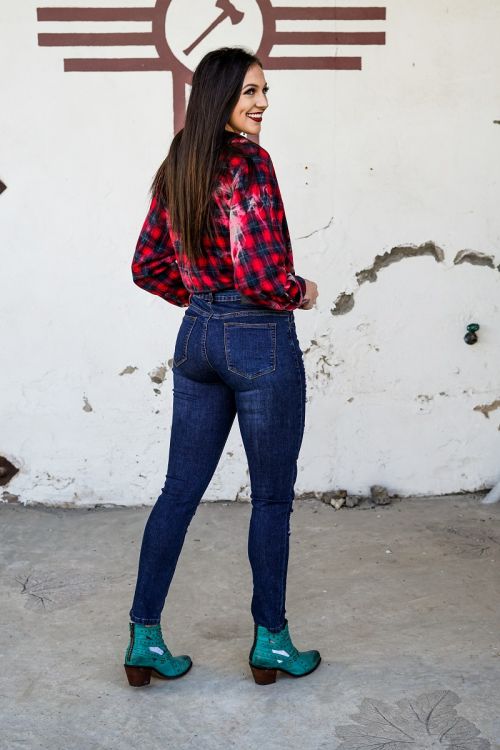 DARK WASH DISTRESSED MID RISE SKINNY JEANS