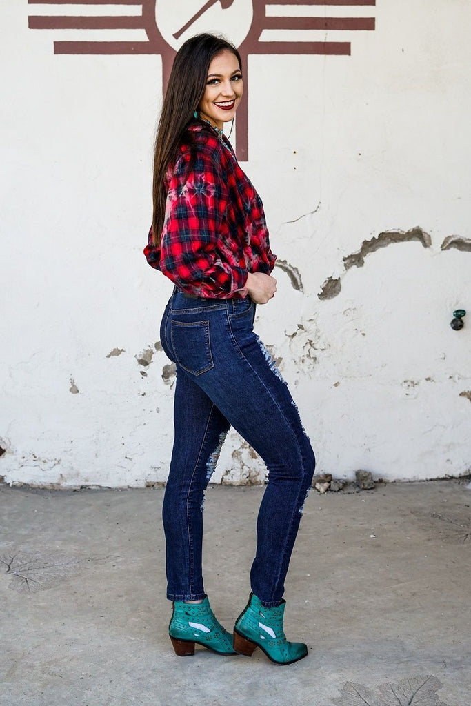 DARK WASH DISTRESSED MID RISE SKINNY JEANS