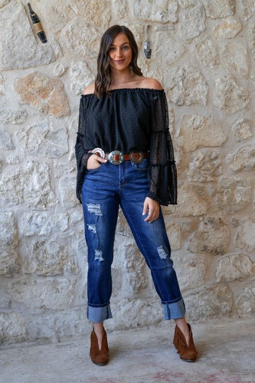 DARK WASH DISTRESSED BOYFRIEND JEANS