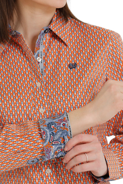 CINCH WOMEN'S ORANGE DIAMOND GEO PRINT LONG SLEEVE SHIRT