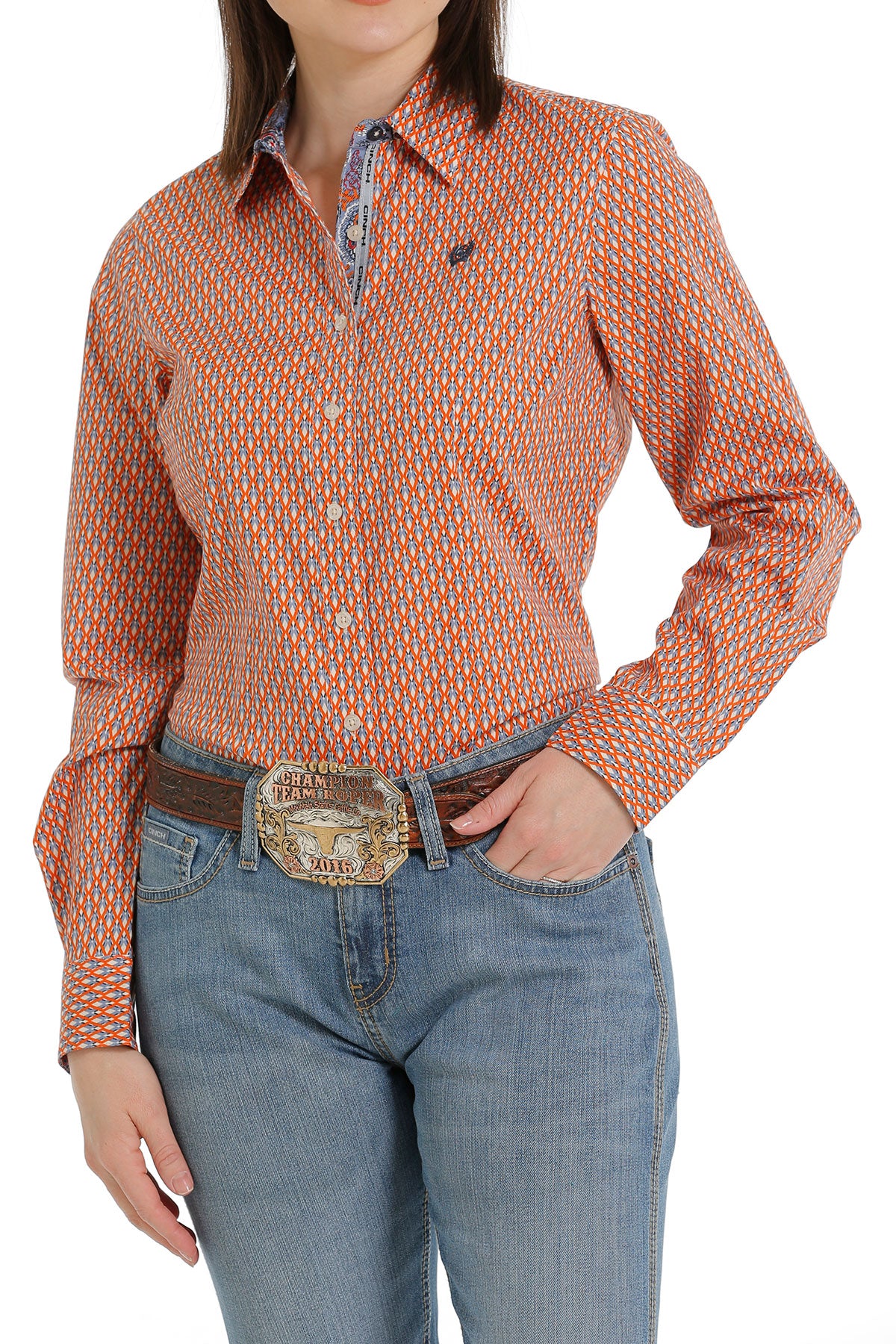 CINCH WOMEN'S ORANGE DIAMOND GEO PRINT LONG SLEEVE SHIRT