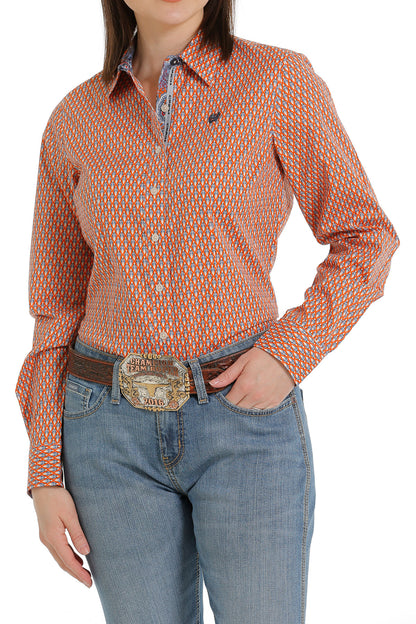 CINCH WOMEN'S ORANGE DIAMOND GEO PRINT LONG SLEEVE SHIRT